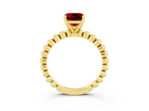 Yellow gold Cushion Cut Ruby Solitaire Ring with Beaded Band and Prong Setting_3