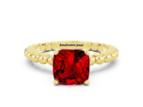Yellow gold Cushion Cut Ruby Solitaire Ring with Beaded Band and Prong Setting