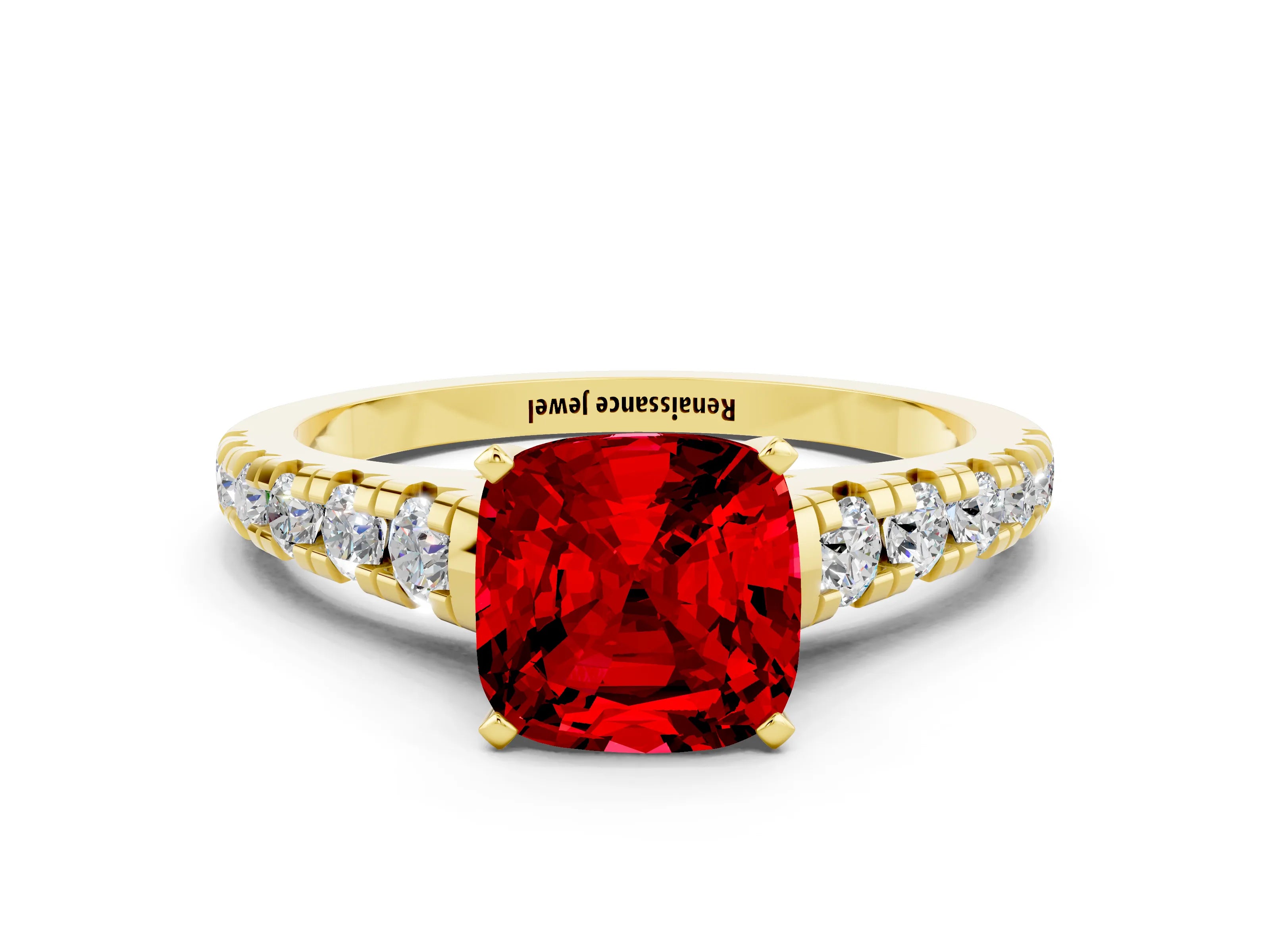 Yellow gold Cushion Cut Ruby Solitaire Ring with Cathedral Setting and Pavé Band