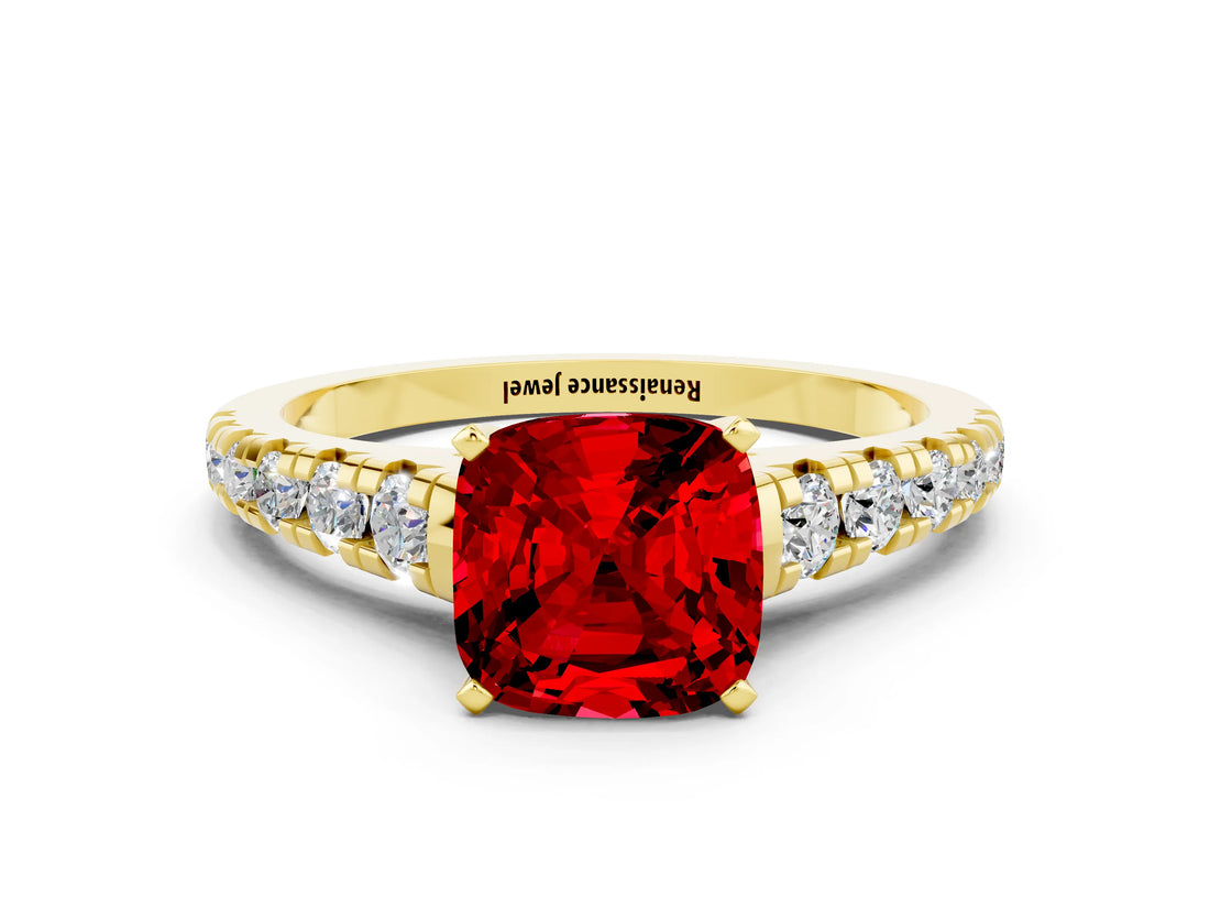 Yellow gold Cushion Cut Ruby Solitaire Ring with Cathedral Setting and Pavé Band