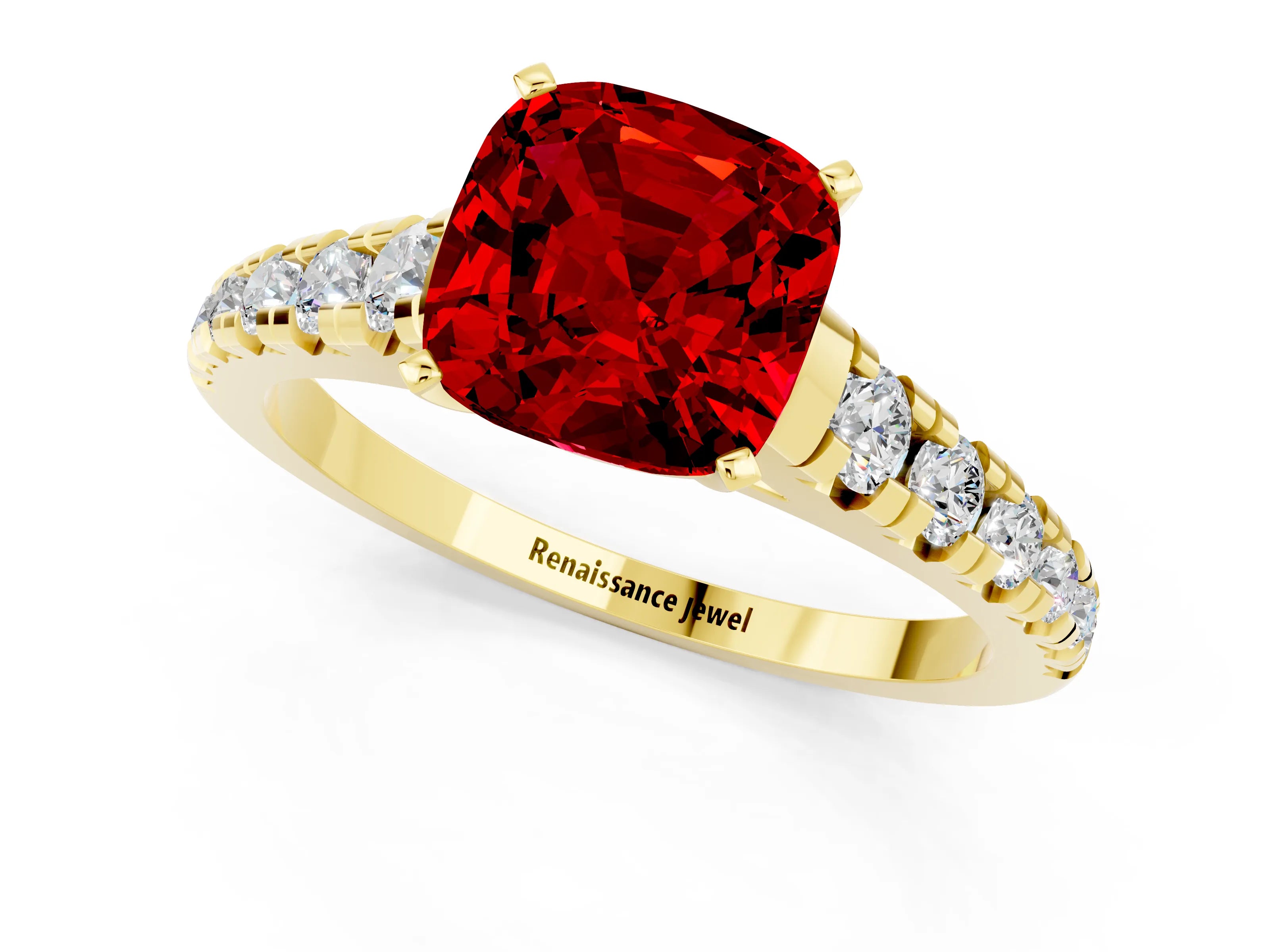 Yellow gold Cushion Cut Ruby Solitaire Ring with Cathedral Setting and Pavé Band_1