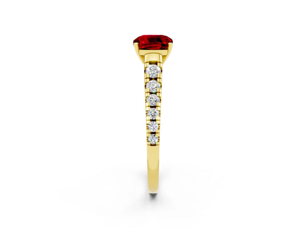 Yellow gold Cushion Cut Ruby Cathedral Solitaire Ring with Round  Pavé Band