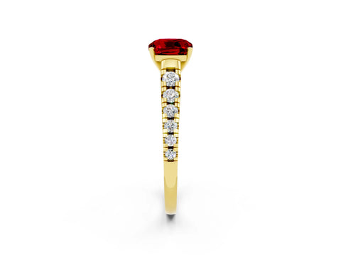 Yellow gold Cushion Cut Ruby Solitaire Ring with Cathedral Setting and Pavé Band_2