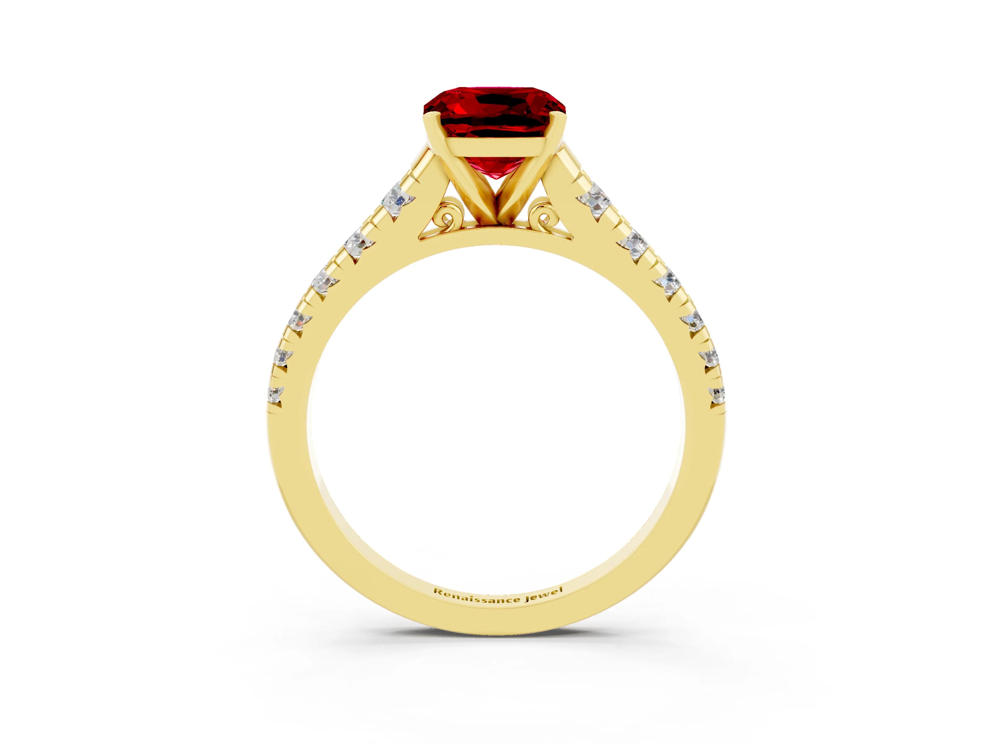Yellow gold Cushion Cut Ruby Solitaire Ring with Cathedral Setting and Pavé Band_3
