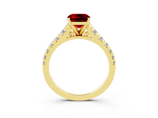 Yellow gold Cushion Cut Ruby Cathedral Solitaire Ring with Round  Pavé Band