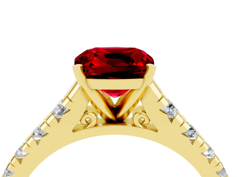 Yellow gold Cushion Cut Ruby Solitaire Ring with Cathedral Setting and Pavé Band_4