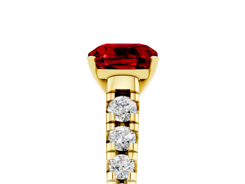 Yellow gold Cushion Cut Ruby Solitaire Ring with Cathedral Setting and Pavé Band_5