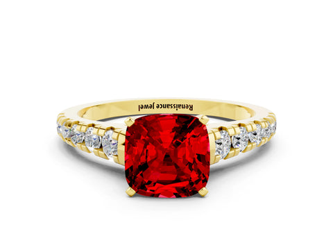 Yellow gold Cushion Cut Ruby Solitaire Ring with Cathedral Setting and Pavé Band