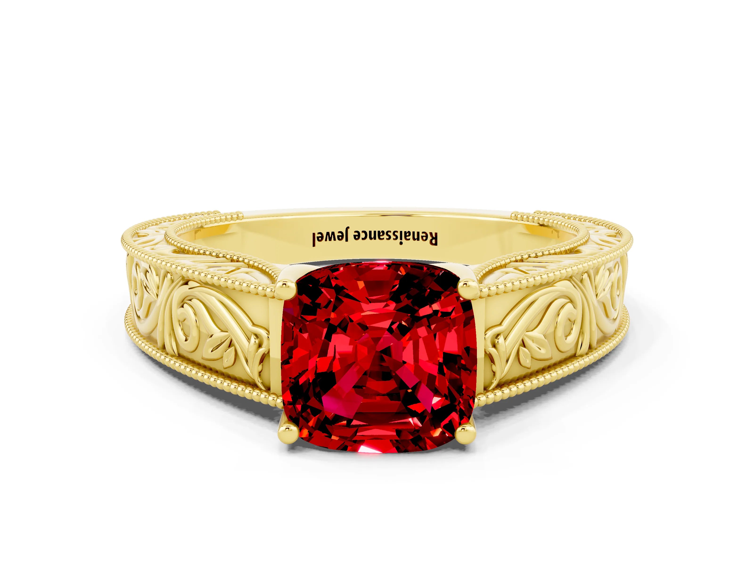 Yellow gold Cushion Cut Ruby Solitaire Ring with Engraved Band and Four-Prong Setting