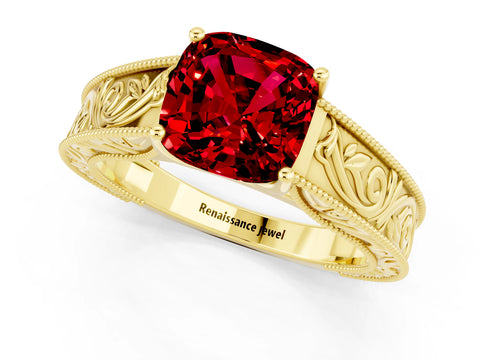 Yellow gold Cushion Cut Ruby Solitaire Ring with Engraved Band and Four-Prong Setting_1