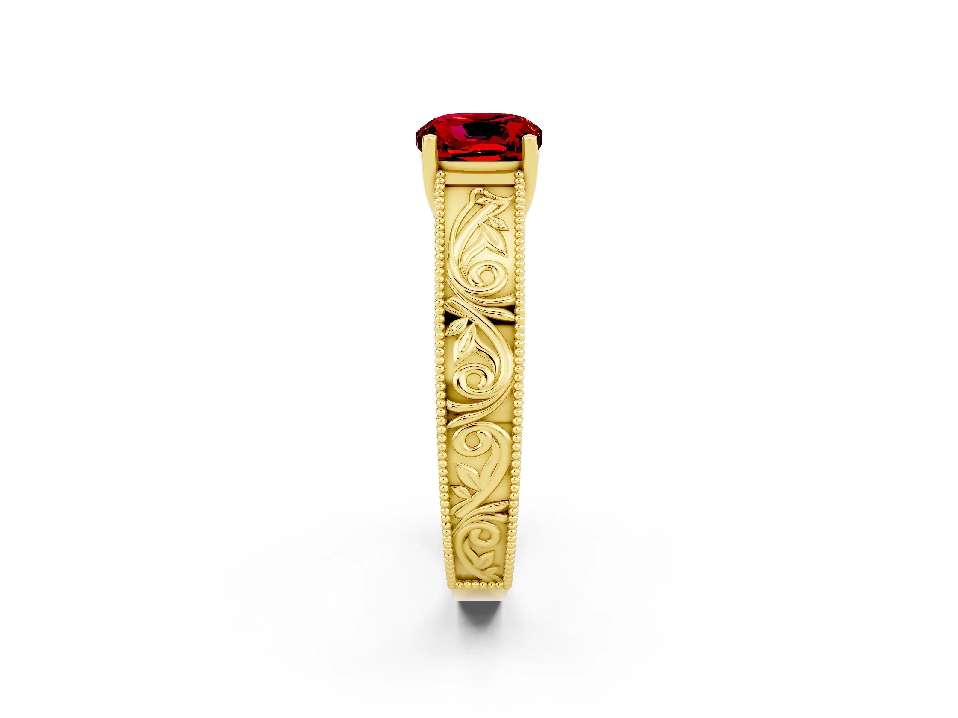 Yellow gold Cushion Cut Ruby Solitaire Ring with Engraved Band and Four-Prong Setting_2