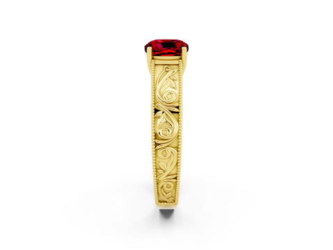 Yellow gold Cushion Cut Ruby Solitaire Ring with Engraved Band and Four-Prong Setting_2