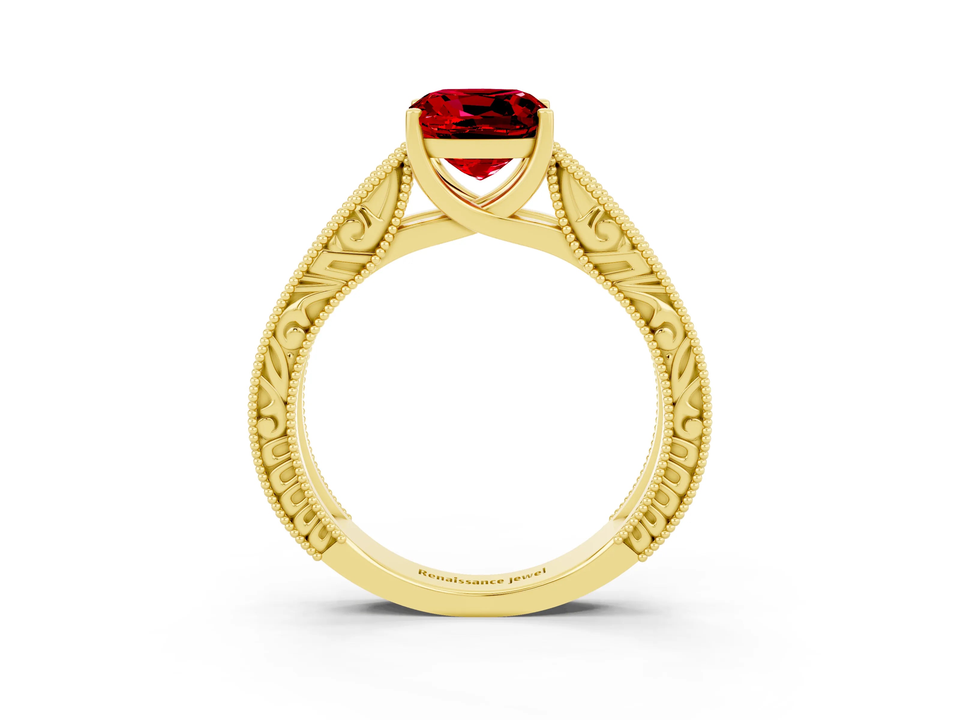 Yellow gold Cushion Cut Ruby Solitaire Ring with Engraved Band and Four-Prong Setting_3