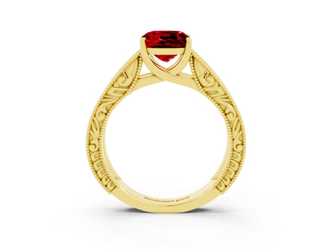 Yellow gold Cushion Cut Ruby Solitaire Ring with Engraved Band and Four-Prong Setting_3