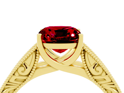 Yellow gold Cushion Cut Ruby Solitaire Ring with Engraved Band and Four-Prong Setting_4