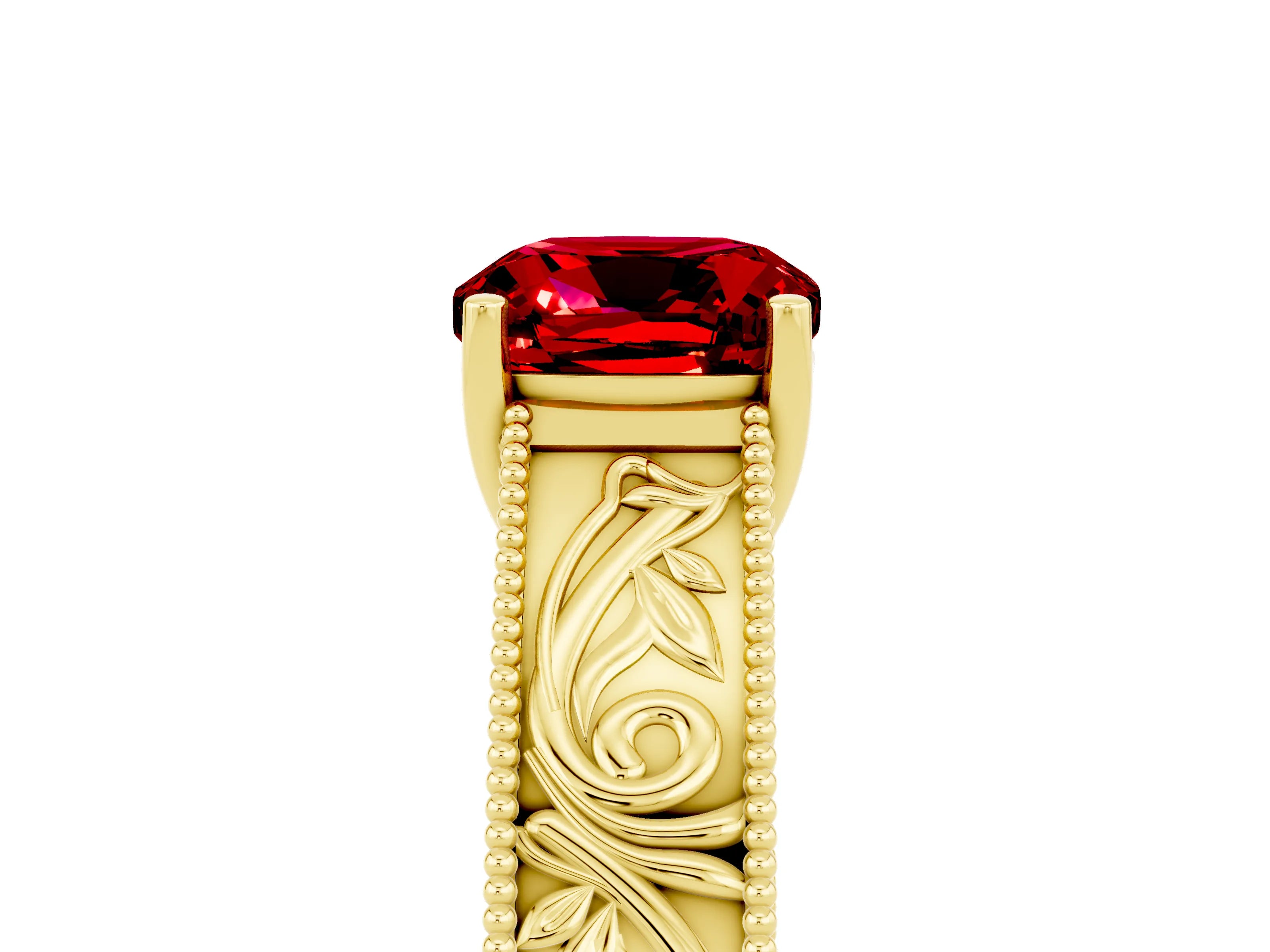Yellow gold Cushion Cut Ruby Solitaire Ring with Engraved Band and Four-Prong Setting_5