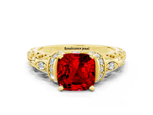 Yellow gold Cushion Cut Ruby Solitaire Ring with Filigree Band and Four-Prong Setting
