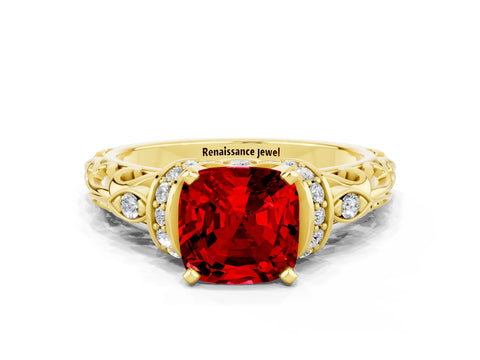 Yellow gold Cushion Cut Ruby Solitaire Ring with Filigree Band and Four-Prong Setting_24