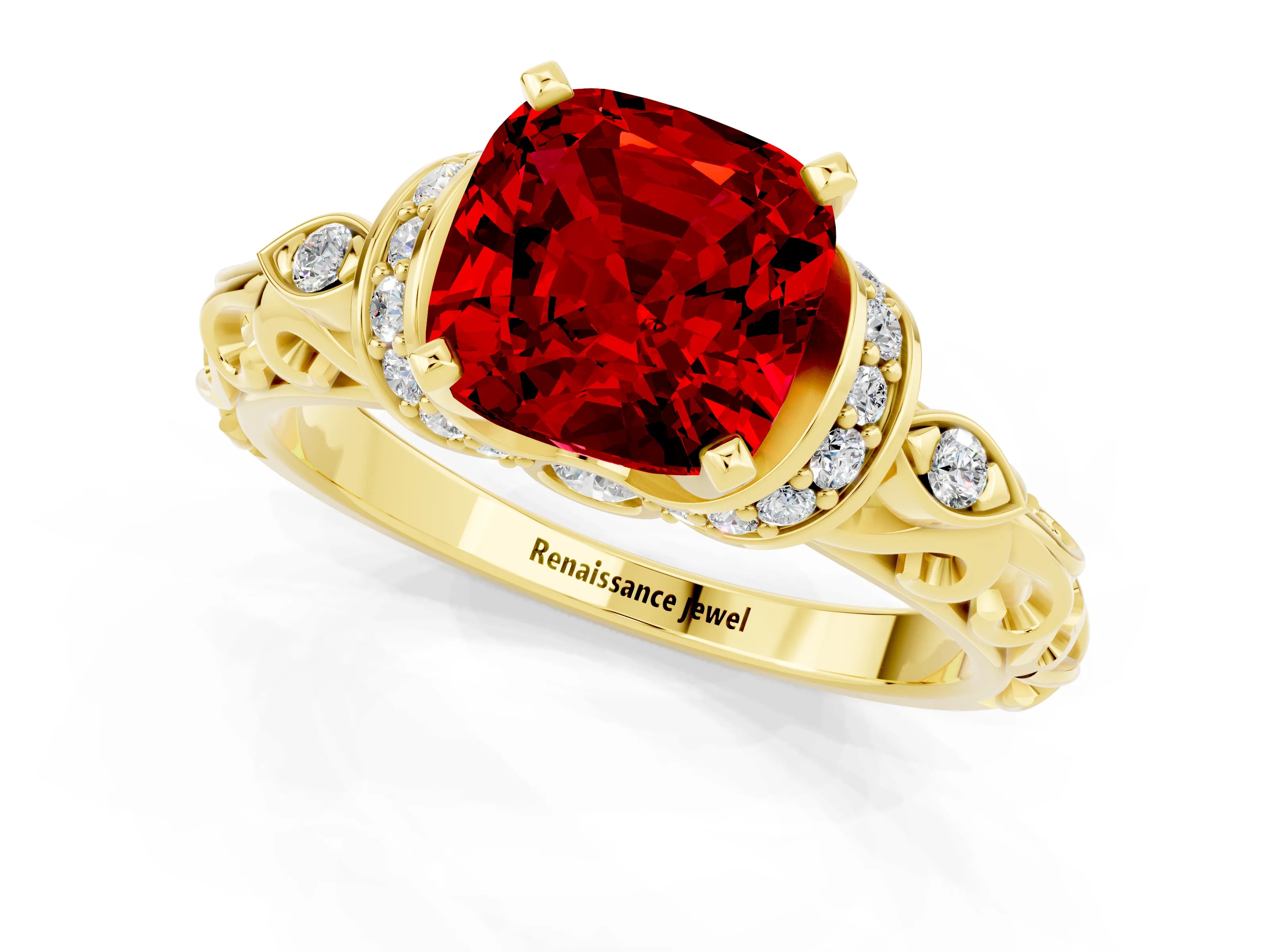 Yellow gold Cushion Cut Ruby Solitaire Ring with Filigree Band and Four-Prong Setting_25