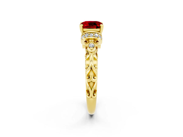 Yellow gold Cushion Cut Ruby Solitaire Ring with Filigree Band and Four-Prong Setting