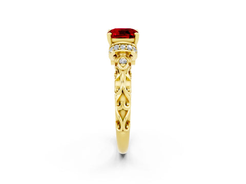 Yellow gold Cushion Cut Ruby Solitaire Ring with Filigree Band and Four-Prong Setting_26