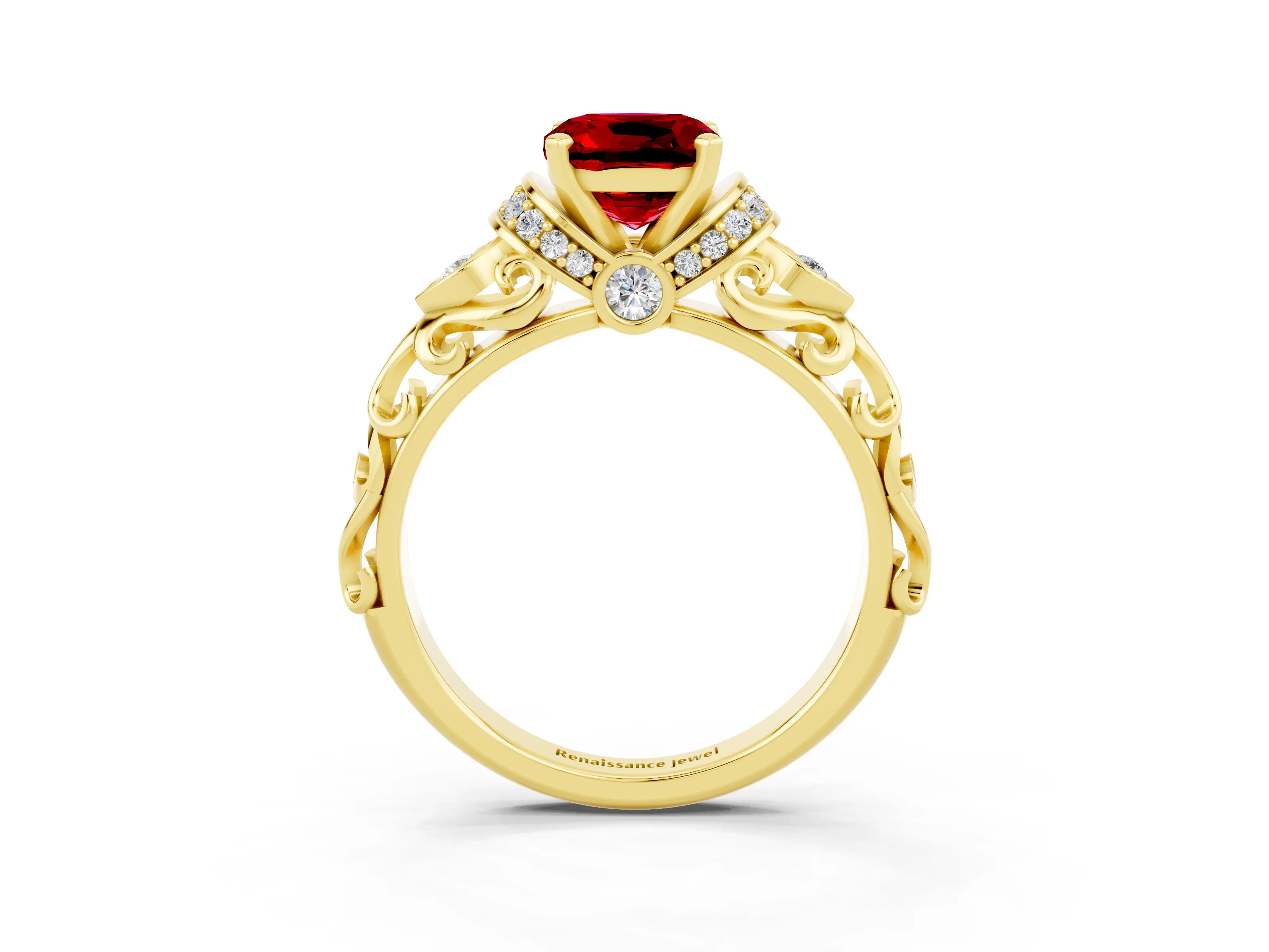 Yellow gold Cushion Cut Ruby Solitaire Ring with Filigree Band and Four-Prong Setting_27