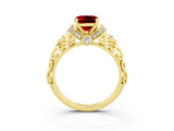 Yellow gold Cushion Cut Ruby Solitaire Ring with Filigree Band and Four-Prong Setting_27