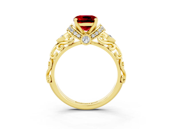 Yellow gold Cushion Cut Ruby Solitaire Ring with Filigree Band and Four-Prong Setting