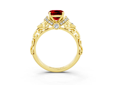 Yellow gold Cushion Cut Ruby Solitaire Ring with Filigree Band and Four-Prong Setting_27