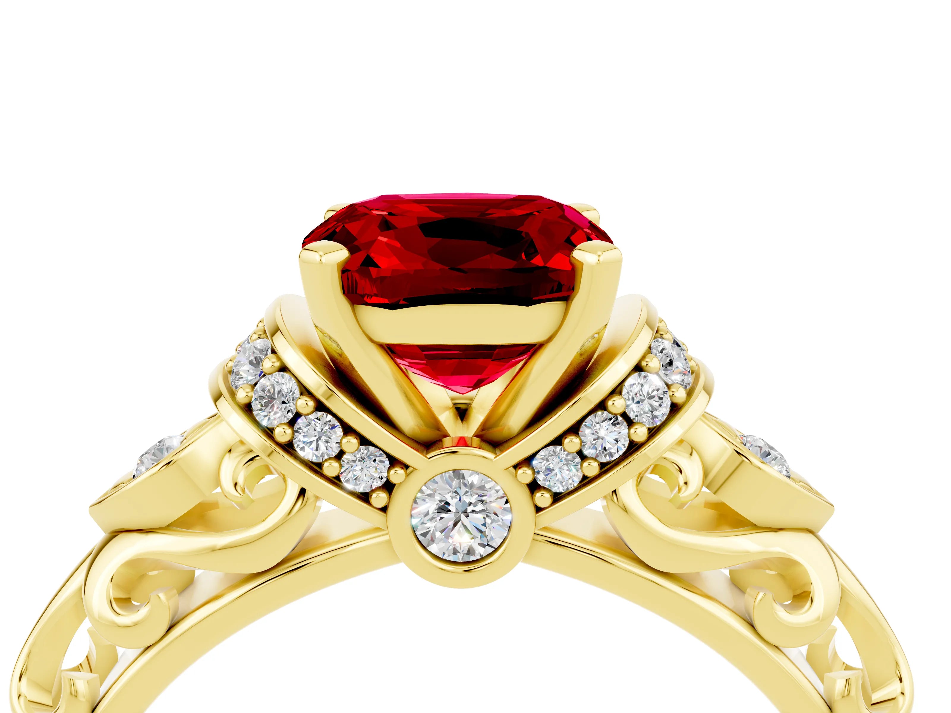 Yellow gold Cushion Cut Ruby Solitaire Ring with Filigree Band and Four-Prong Setting_28
