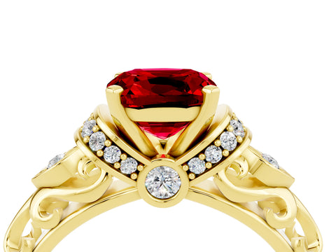 Yellow gold Cushion Cut Ruby Solitaire Ring with Filigree Band and Four-Prong Setting_28