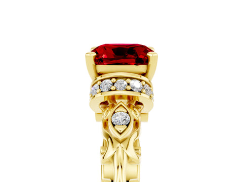 Yellow gold Cushion Cut Ruby Solitaire Ring with Filigree Band and Four-Prong Setting_29
