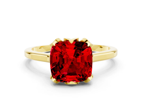 Yellow gold Cushion Cut Ruby Solitaire Ring with Flower Prong Setting and Classic Band