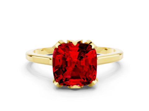 Yellow gold Cushion Cut Ruby Solitaire Ring with Flower Prong Setting and Classic Band_12