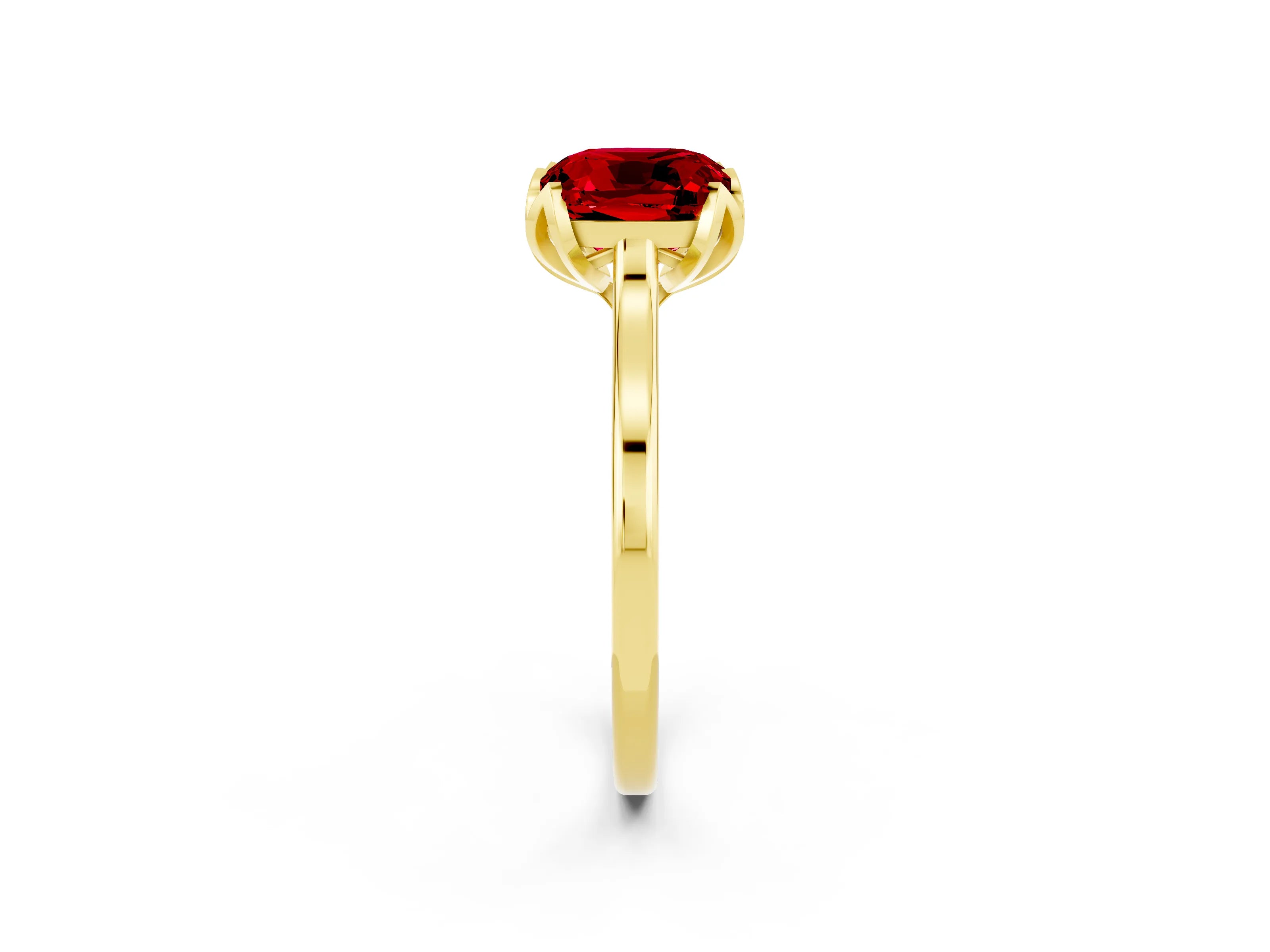 Yellow gold Cushion Cut Ruby Solitaire Ring with Flower Prong Setting and Classic Band_14
