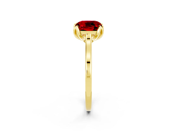 Yellow gold Cushion Cut Ruby Solitaire Ring with Flower Prong Setting and Classic Band