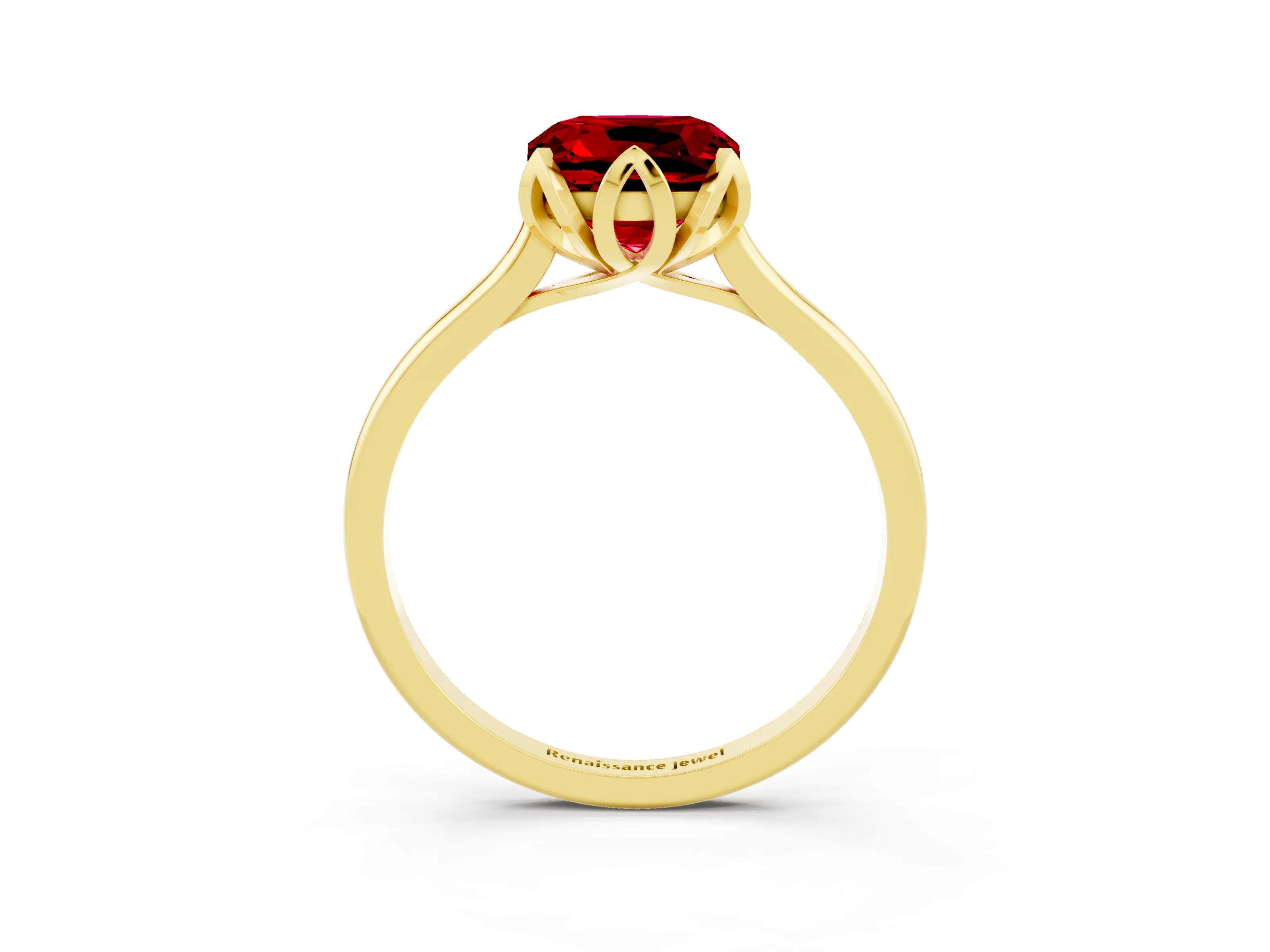 Yellow gold Cushion Cut Ruby Solitaire Ring with Flower Prong Setting and Classic Band_15