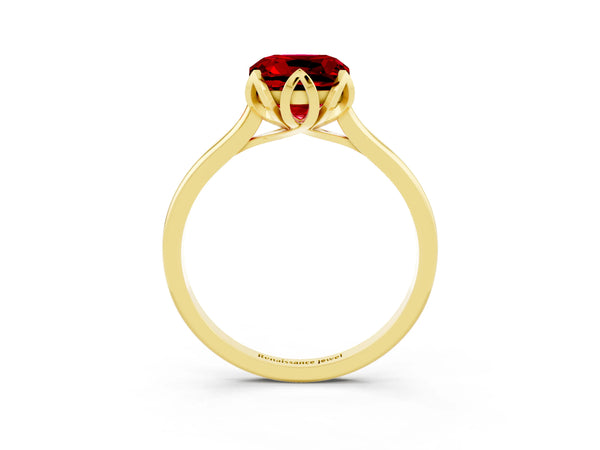 Yellow gold Cushion Cut Ruby Solitaire Ring with Flower Prong Setting and Classic Band