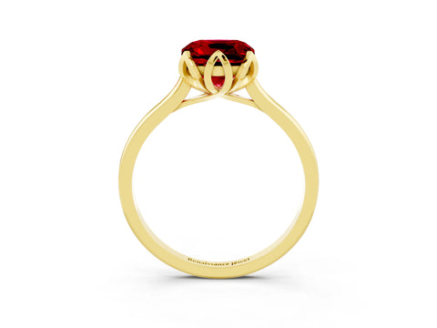 Yellow gold Cushion Cut Ruby Solitaire Ring with Flower Prong Setting and Classic Band_15