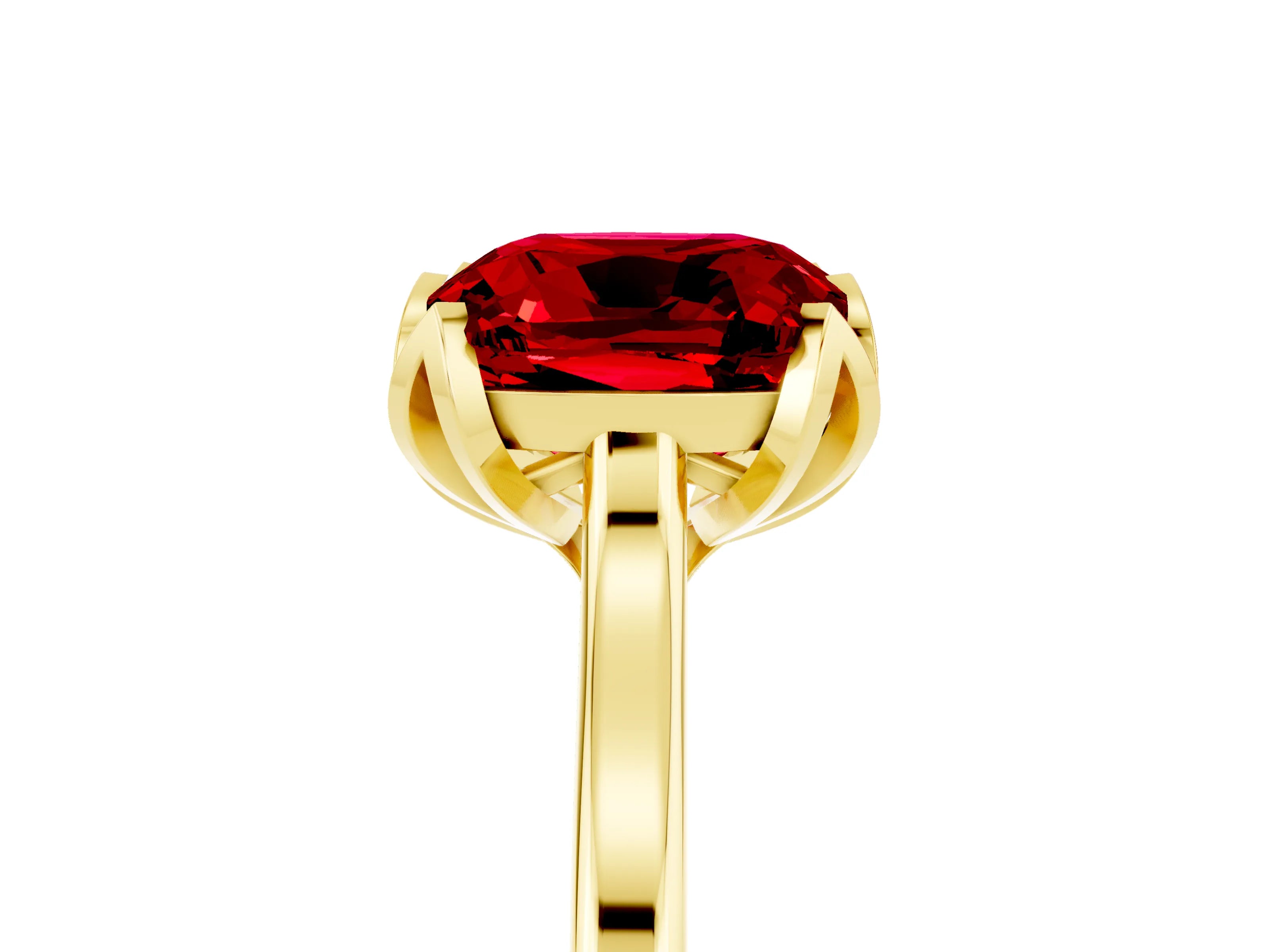 Yellow gold Cushion Cut Ruby Solitaire Ring with Flower Prong Setting and Classic Band_17