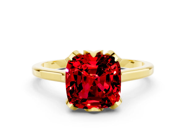 Yellow gold Cushion Cut Ruby Solitaire Ring with Flower Prong Setting and Classic Band