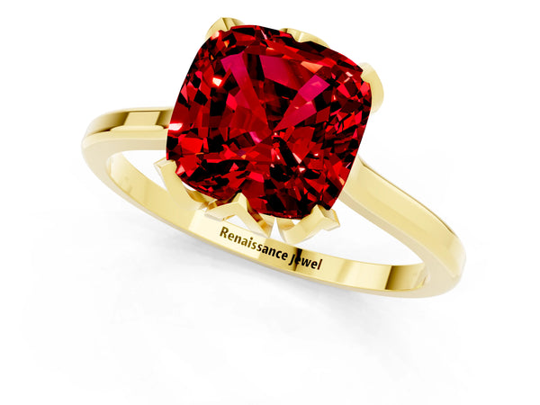 Yellow gold Cushion Cut Ruby Solitaire Ring with Flower Prong Setting and Classic Band