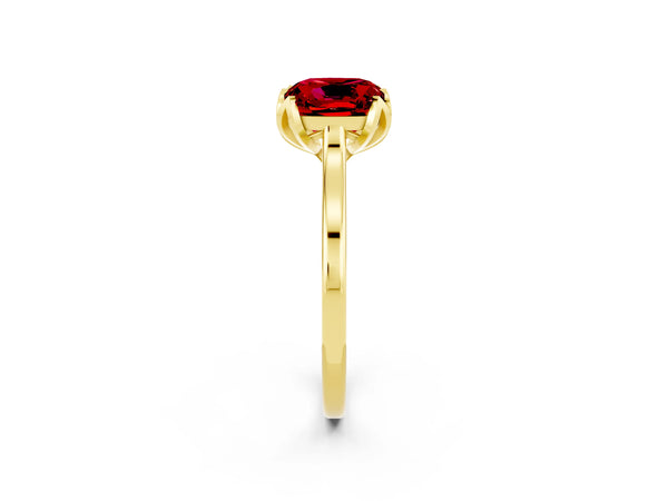 Yellow gold Cushion Cut Ruby Solitaire Ring with Flower Prong Setting and Classic Band