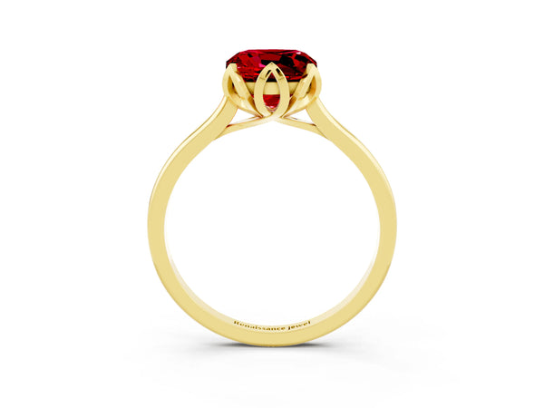 Yellow gold Cushion Cut Ruby Solitaire Ring with Flower Prong Setting and Classic Band