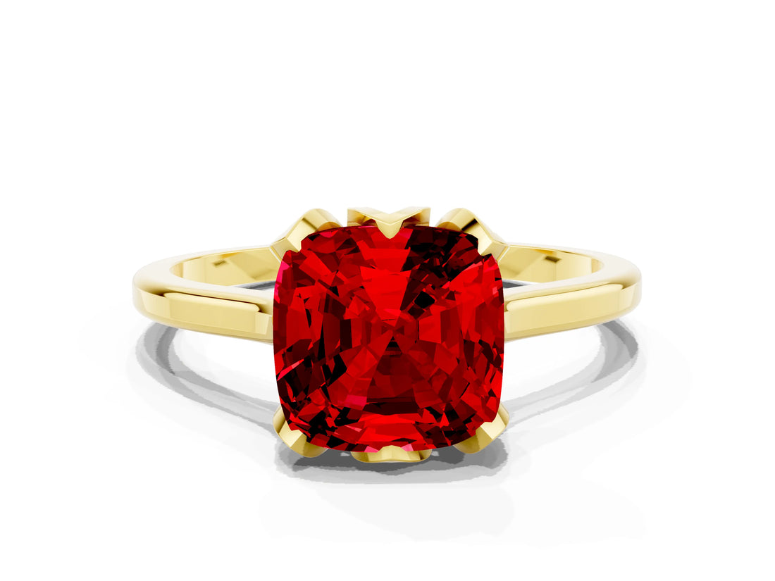 Yellow gold Cushion Cut Ruby Solitaire Ring with Flower Prong Setting and Classic Band_36
