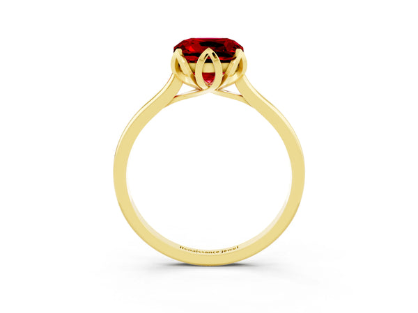 Yellow Gold Cushion Cut Lab-Grown Ruby Floral Solitaire Engagement Ring with Plain Band