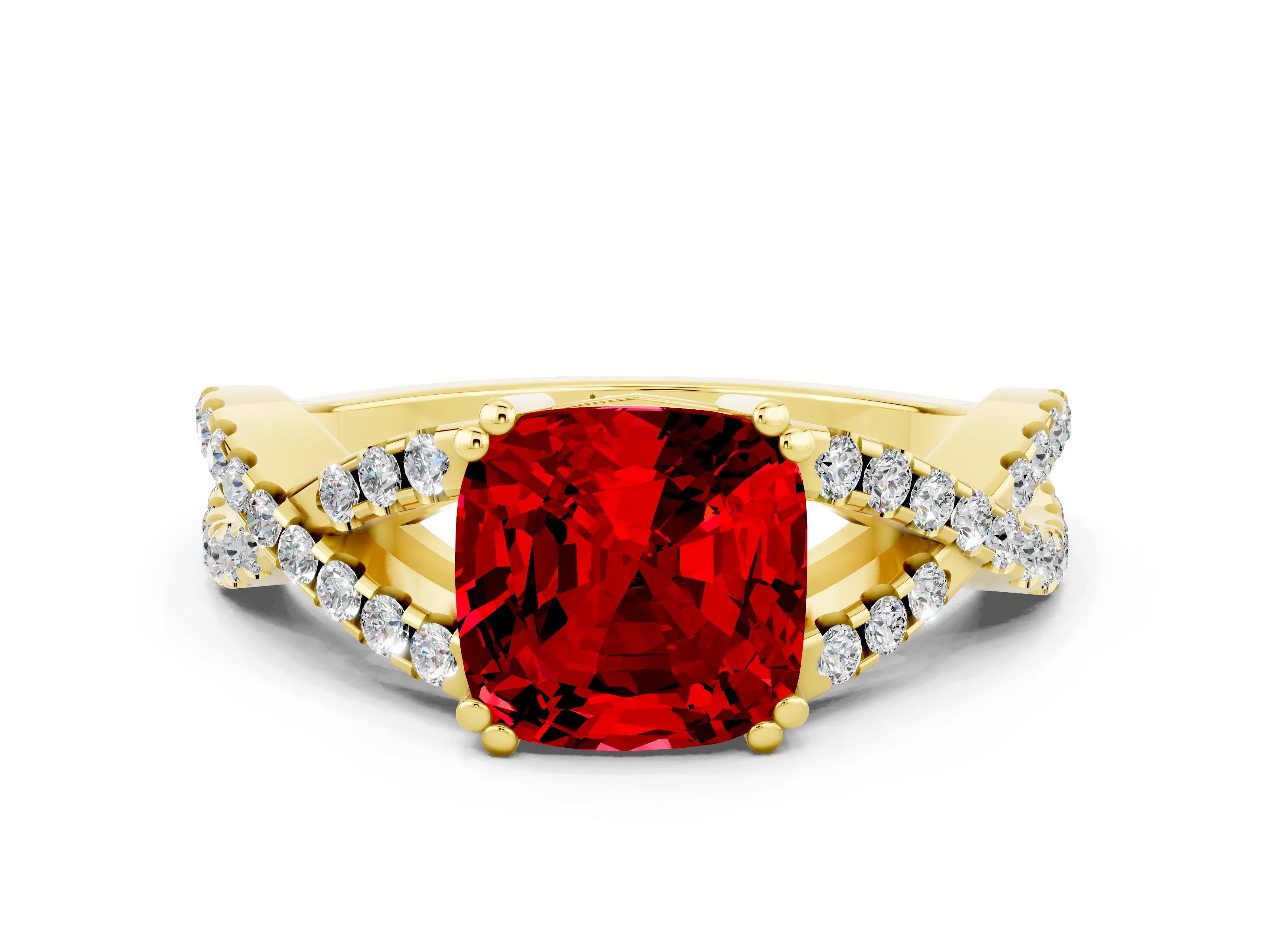 Yellow gold Cushion Cut Ruby Solitaire Ring with Four-Prong Setting and Twisted Pavé Band