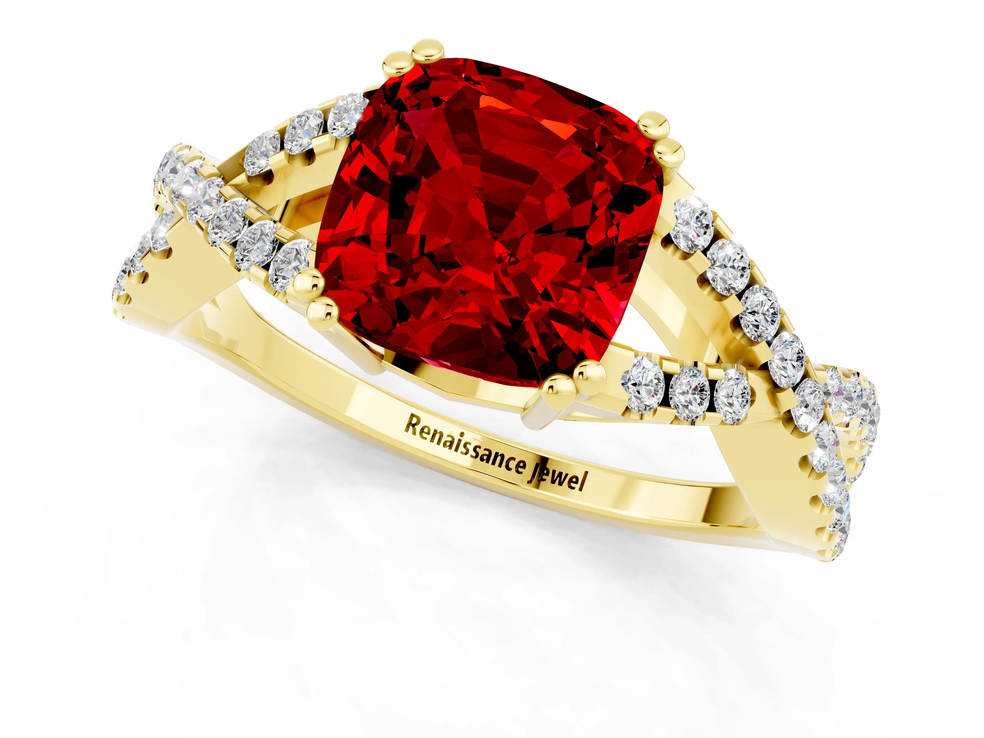 Yellow gold Cushion Cut Ruby Solitaire Ring with Four-Prong Setting and Twisted Pavé Band_1