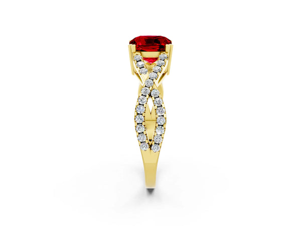 Yellow gold Cushion Cut Ruby Solitaire Ring with Four-Prong Setting and Twisted Pavé Band