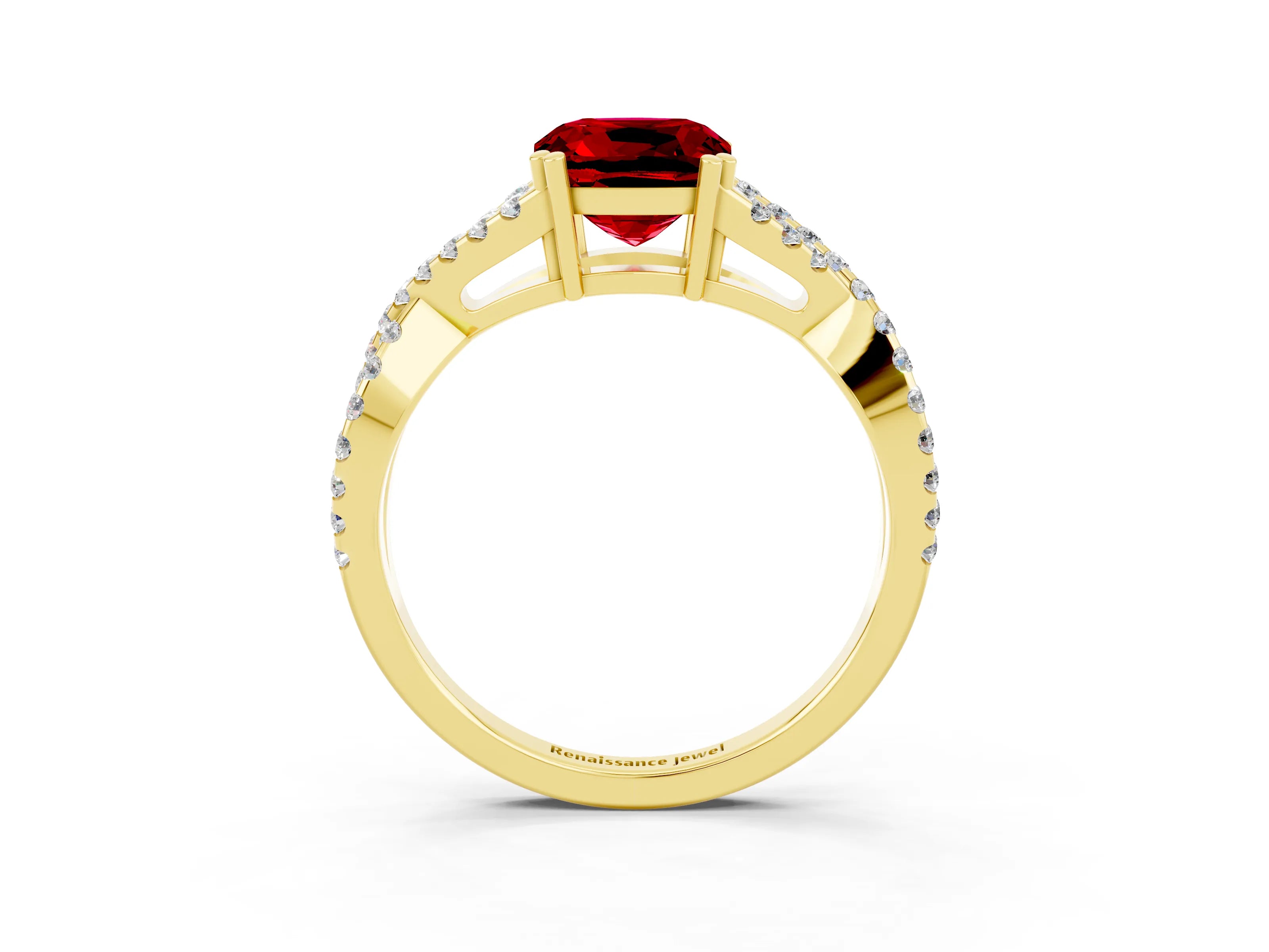Yellow gold Cushion Cut Ruby Solitaire Ring with Four-Prong Setting and Twisted Pavé Band_3